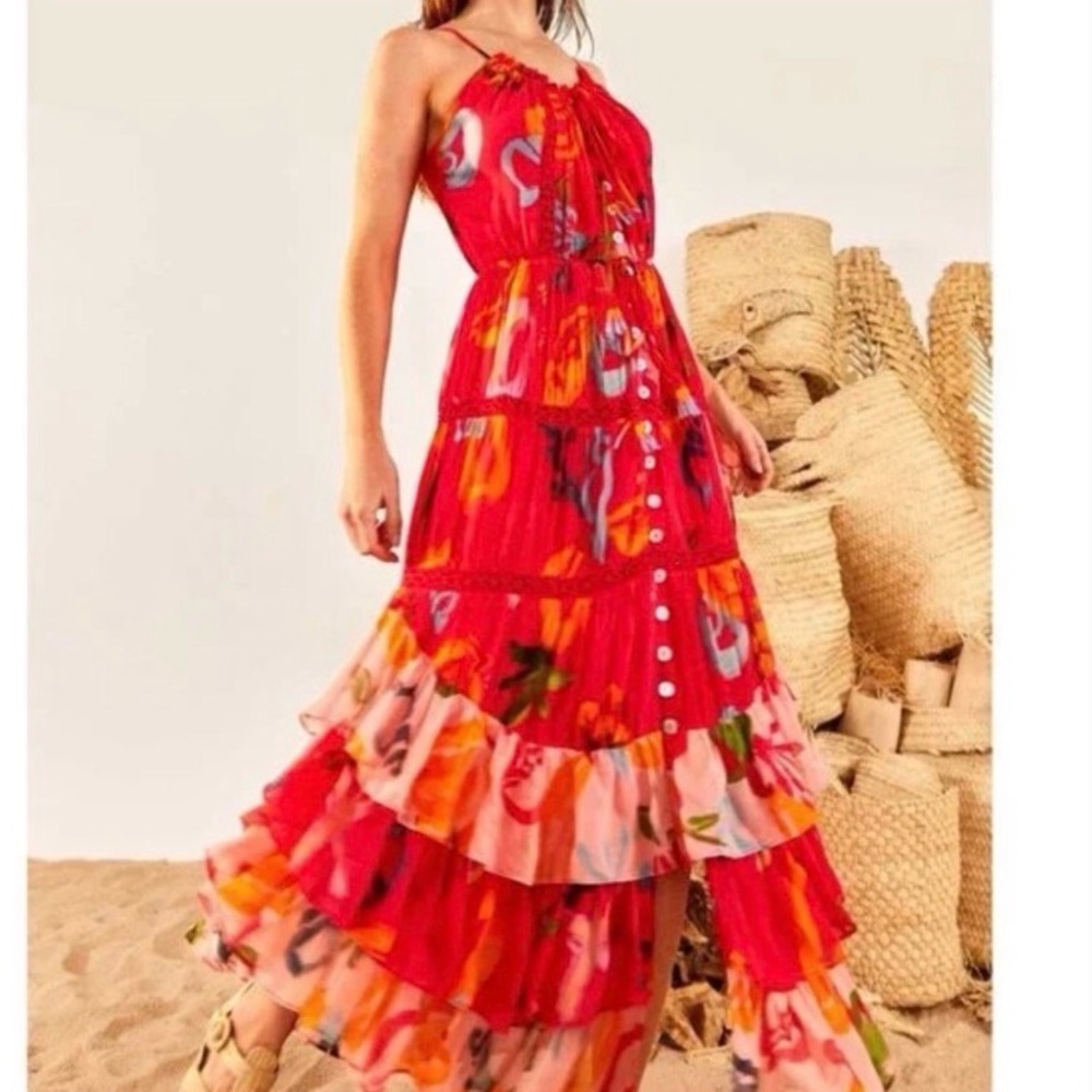 FARM Rio Mixed Fruits Ocean Red Floral Tiered Midi Dress Size M